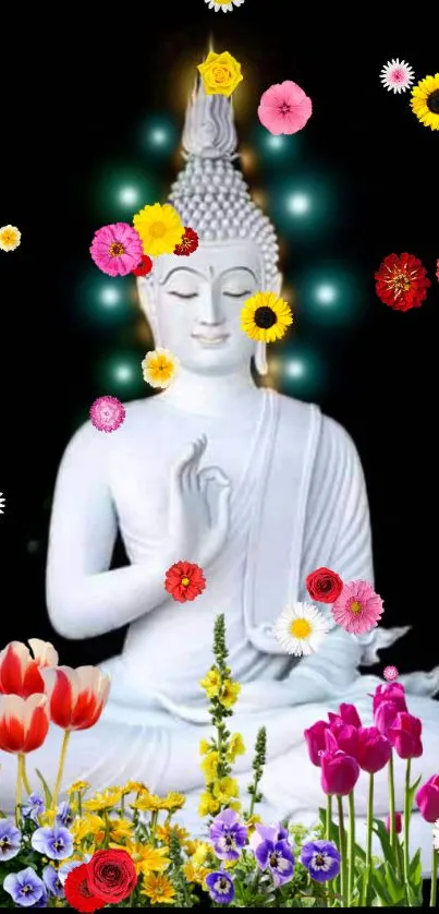 Serene Buddha statue surrounded by colorful flowers on black background.