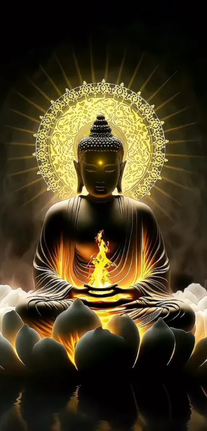 Radiant Buddha with glowing lotus on mobile wallpaper.