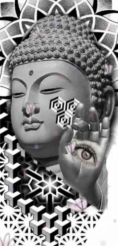 Buddha with geometric mandala pattern in grayscale art.