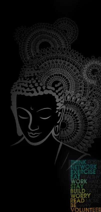 Buddha mandala design with quotes on black background.