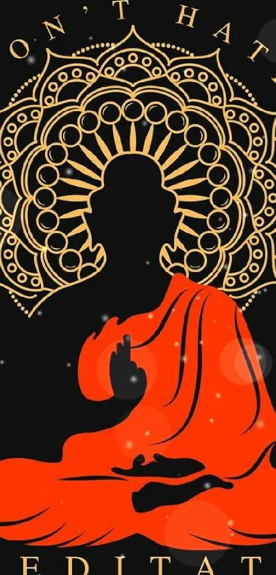 Buddha silhouette with orange robe and ornate mandala on black background.