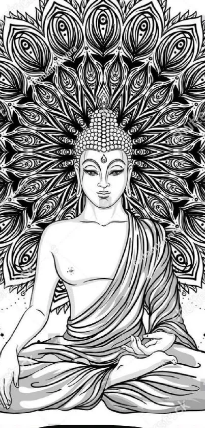 Buddha sitting in meditation with a mandala background in black and white art style.