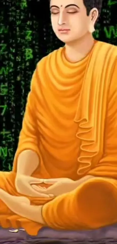 Meditative monk in saffron robe with green matrix background.