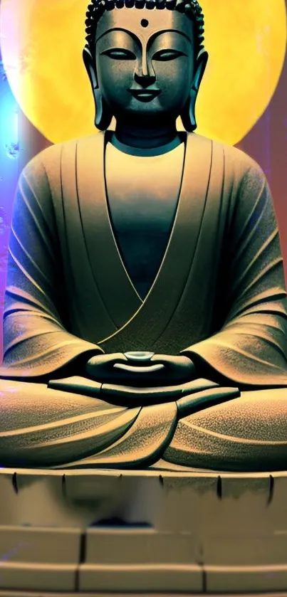 Golden Buddha meditating with halo on mobile wallpaper.