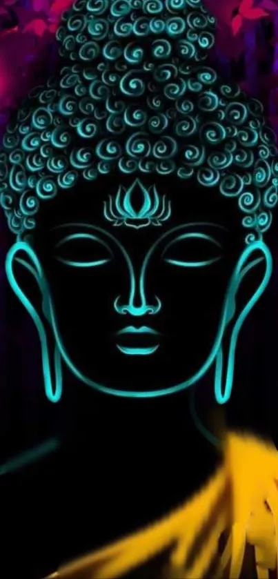 Neon glow Buddha artwork with vibrant colors.