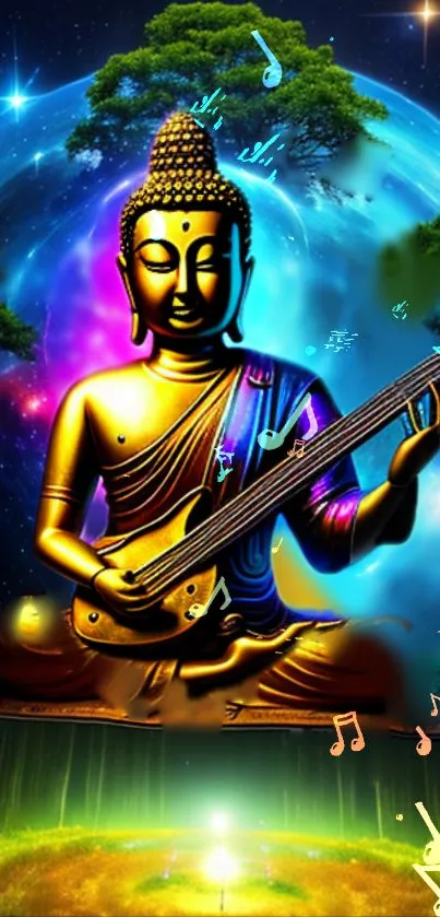 Buddha plays guitar in a cosmic, colorful background.