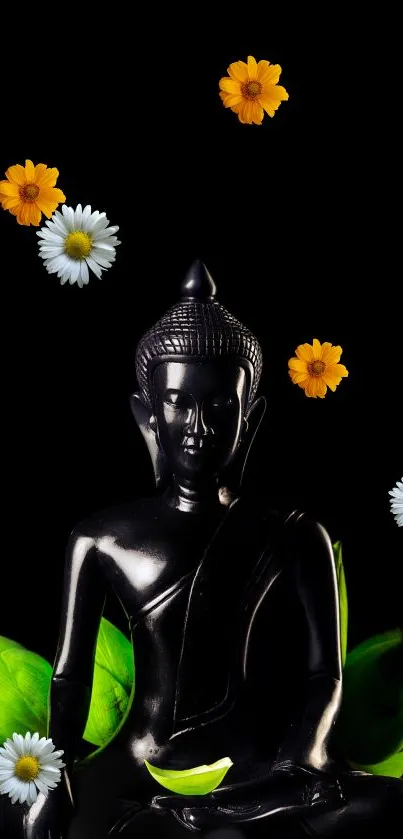 Buddha statue with flowers on black background.