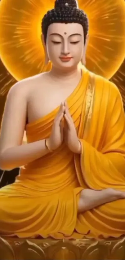 Serene image of Buddha in meditation pose with golden background.