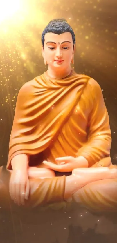 Serene Buddha statue with golden aura wallpaper.