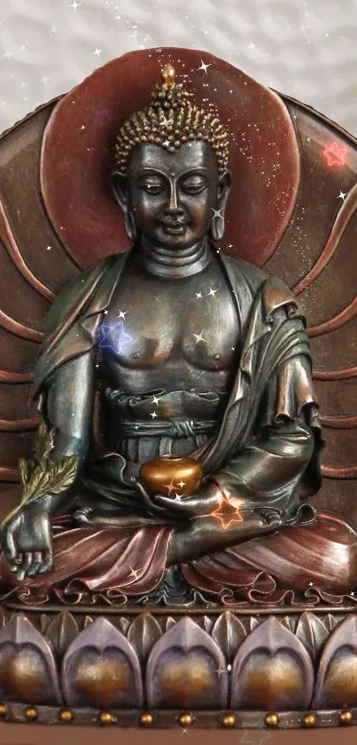 Bronze Buddha statue with halo backdrop, adorned with stars.