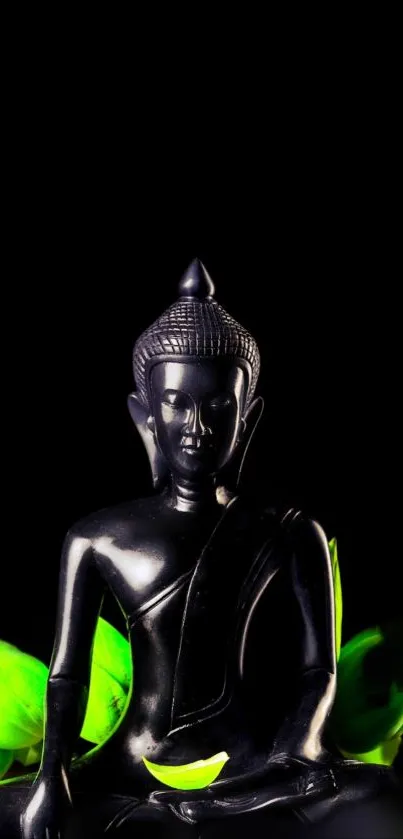 Buddha statue with vibrant green leaves on a black background wallpaper.