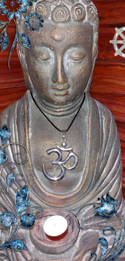 Buddha statue with Om symbol pendant, surrounded by floral design.