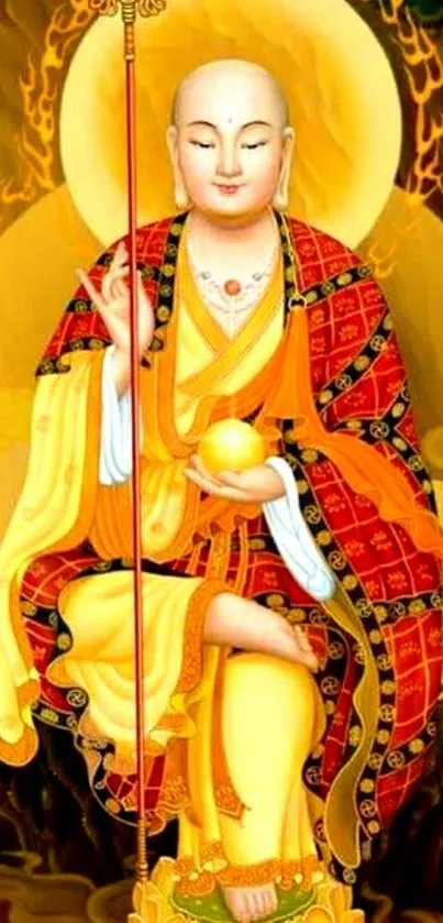 Colorful Buddhist monk artwork with golden hues and spiritual themes.