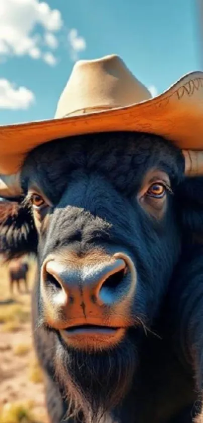 Buffalo wearing a cowboy hat in nature.