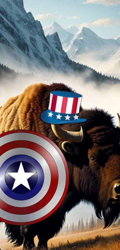 Buffalo wearing a shield and hat in mountain scenery with mist.