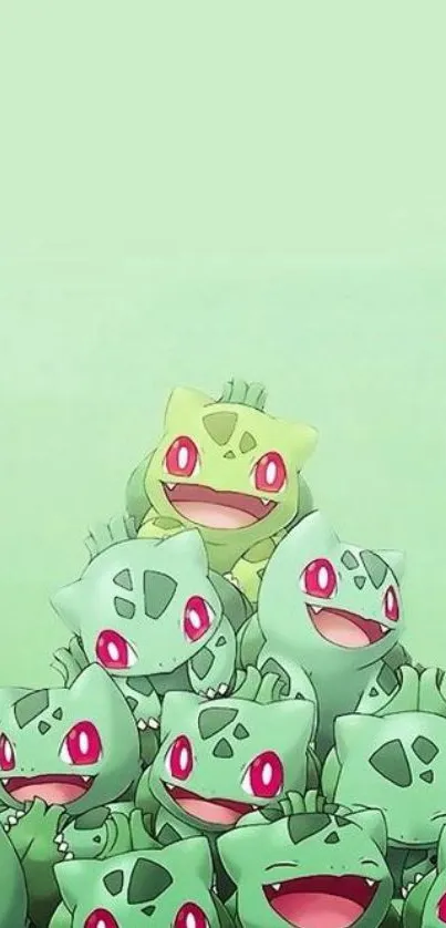 Adorable Bulbasaur pyramid on light green background wallpaper.