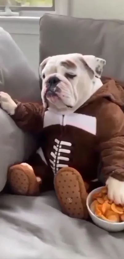 Bulldog in brown football hoodie relaxing on a couch with snacks.