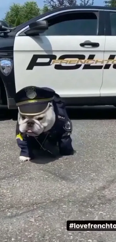 Bulldog dressed as police officer in front of car.