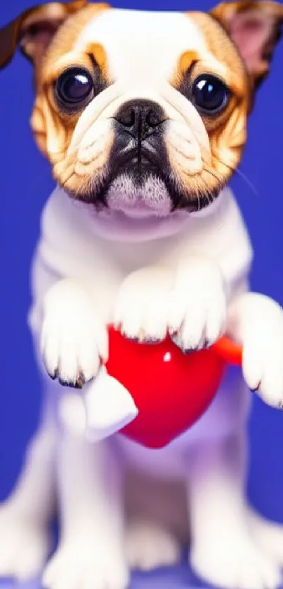 Cute bulldog holding red heart on blue background.