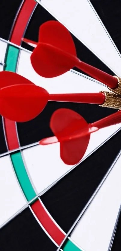 Bullseye dartboard with red darts in the center, creating a dynamic mobile wallpaper.