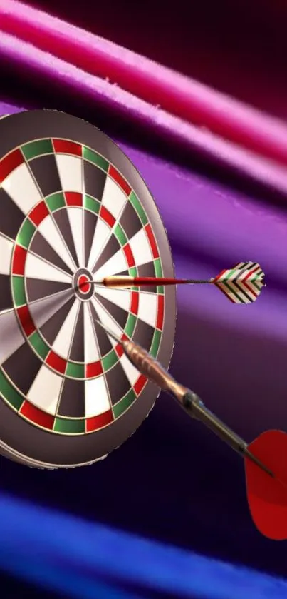 Colorful dartboard with darts on purple background.