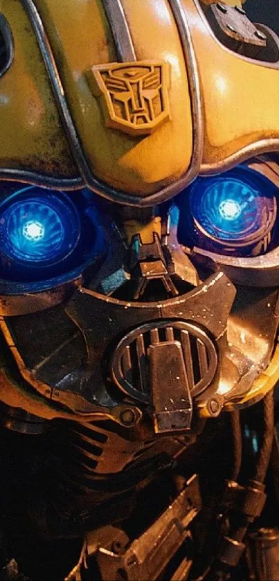 Bumblebee with glowing blue eyes on a yellow-themed wallpaper.