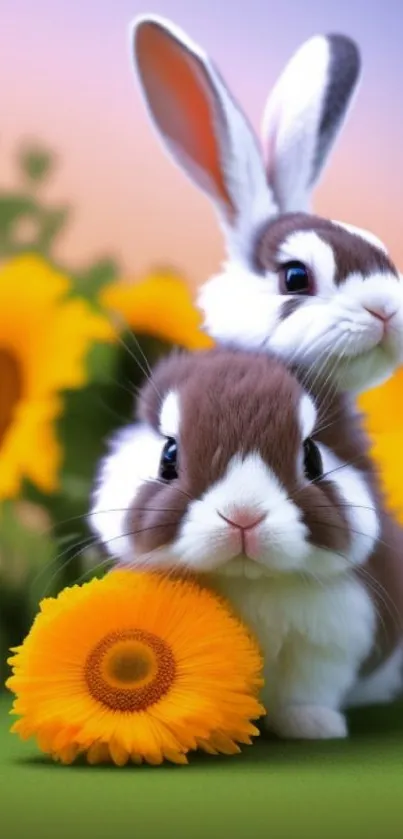 Adorable bunnies with sunflowers mobile wallpaper