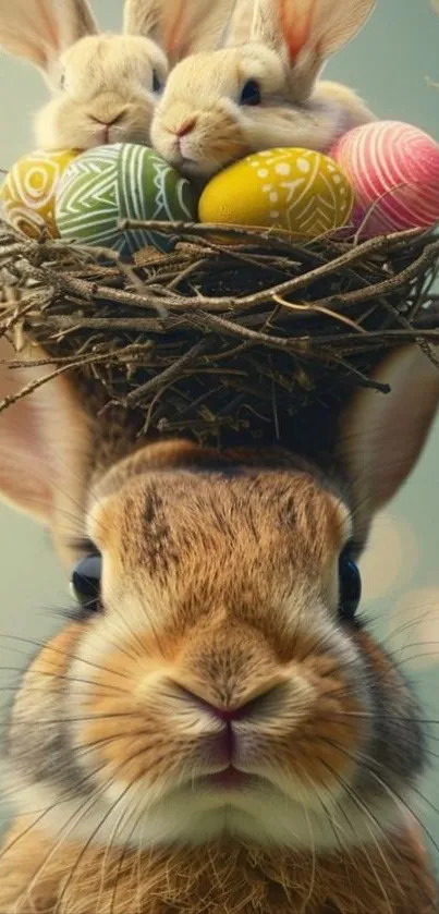 Cute bunny with Easter eggs and rabbits in nest.