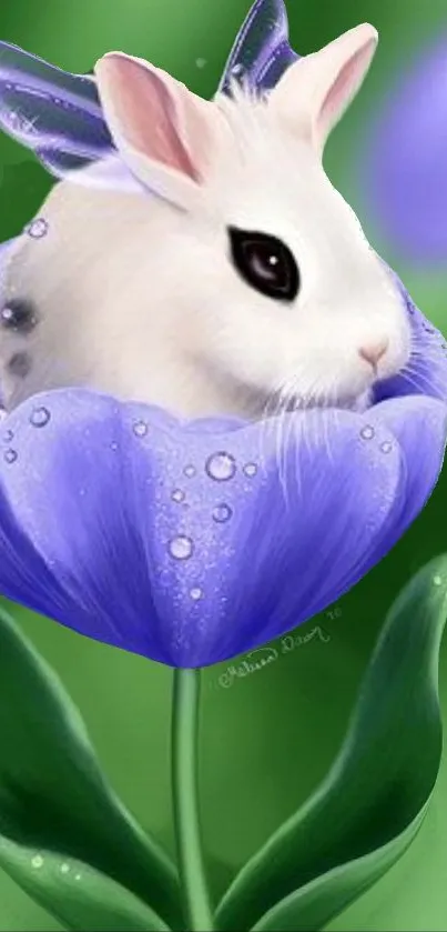 White bunny nestled in a lavender flower with green leaves.