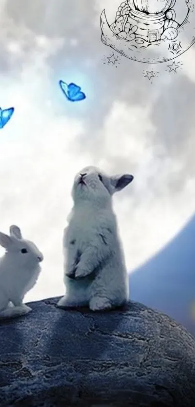 Two bunnies on a rock under a moonlit sky with butterflies.