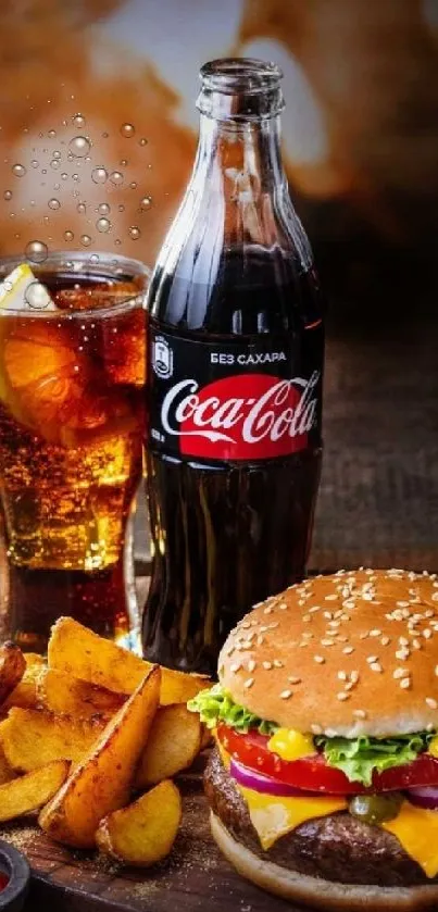 Juicy burger with fries and Coca-Cola bottle.