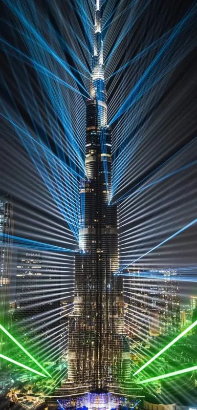 Burj Khalifa illuminated with colorful lasers at night, showcasing Dubai's skyline.