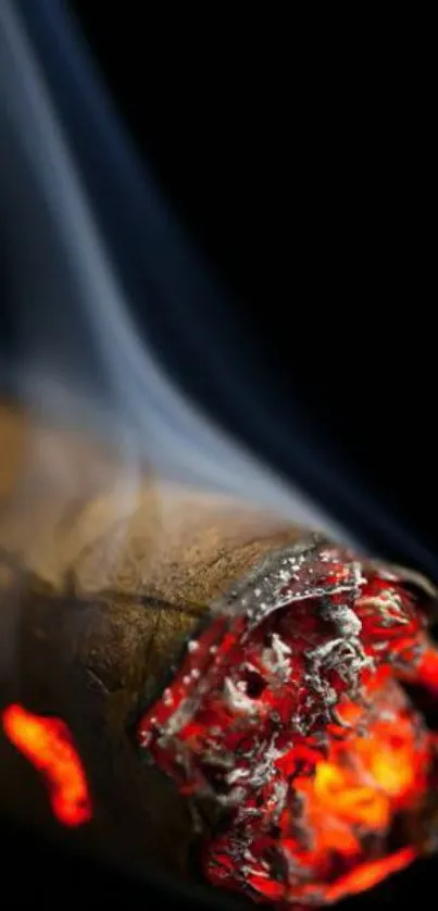 Close-up of a burning cigar with glowing embers and smoke on a dark background.