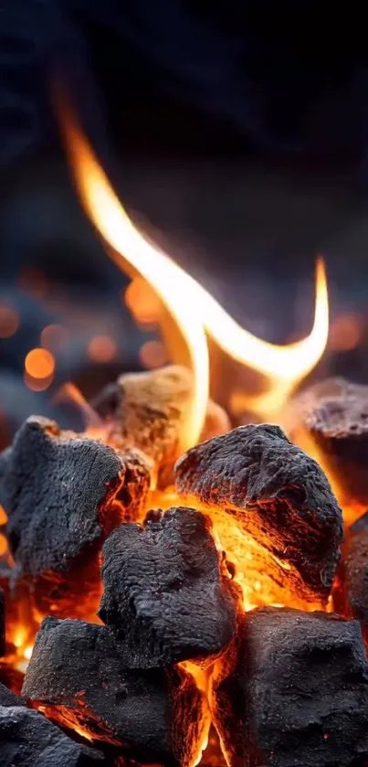 Close-up of glowing coals with bright flames.