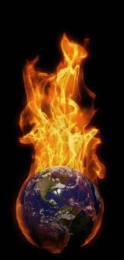 Fiery Earth engulfed in flames on a dark background.