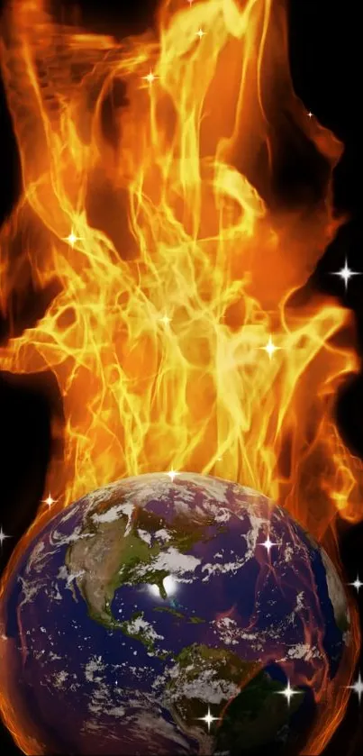 Vivid wallpaper of the Earth ablaze with bright flames on a dark background.