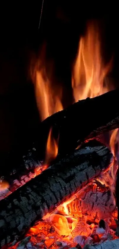 Burning firewood with glowing embers and dynamic flames wallpaper.