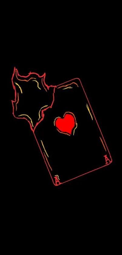 Flaming playing card with a red heart on a black background.