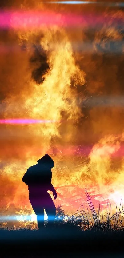 Silhouette of a person in front of a fiery blaze with abstract light streaks.