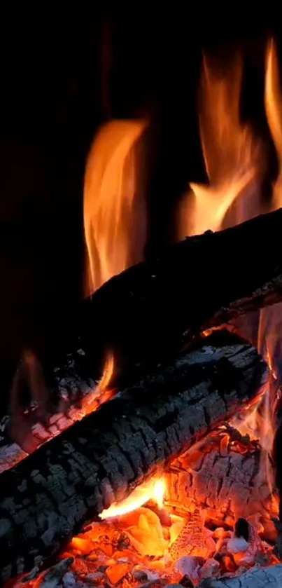 Mobile wallpaper of burning logs with vibrant orange flames.