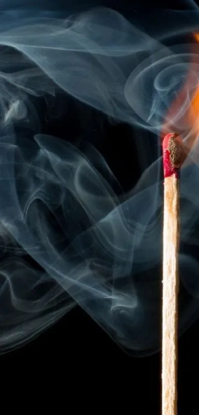 A burning match with swirling smoke on a dark background.