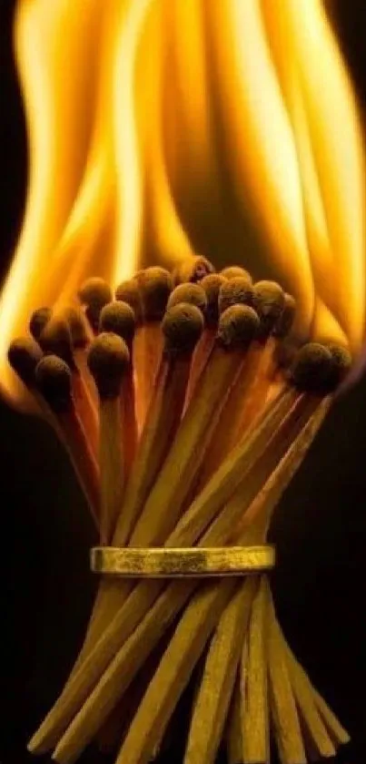 Artistic mobile wallpaper of burning matchsticks with bright flames.