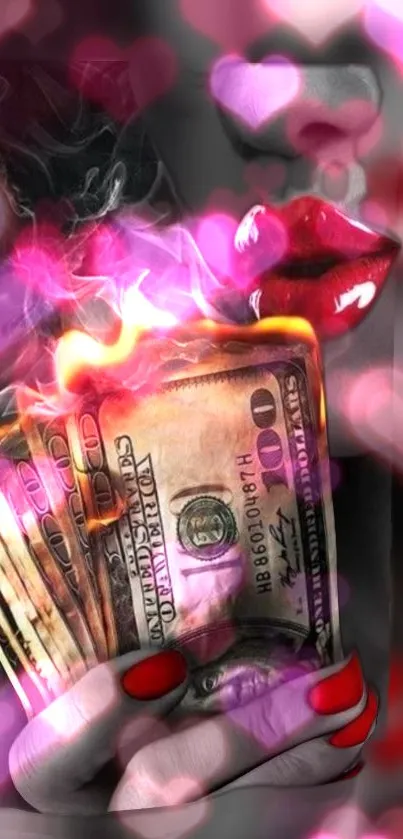 Burning dollar bills with red lips and hearts background.