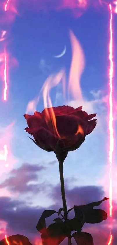 Burning rose against a twilight sky with clouds and a crescent moon.