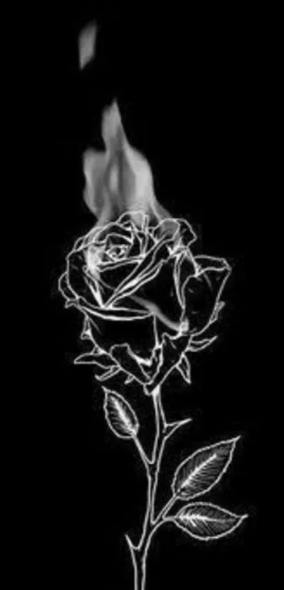 Black and white wallpaper of a burning rose on a dark background.