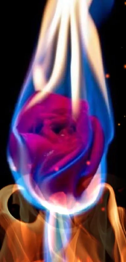 Burning rose with blue flames on a dark background.