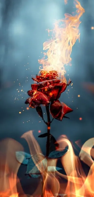 Burning rose with fiery petals against a dark blue background.