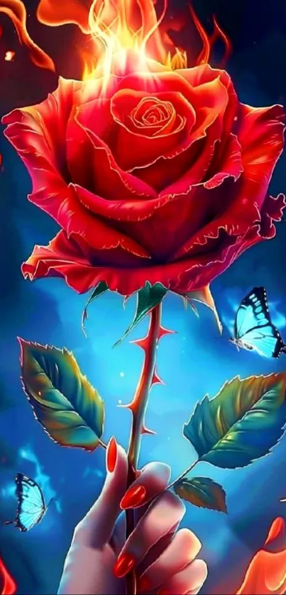 A burning rose with butterflies and flames in vibrant detail.