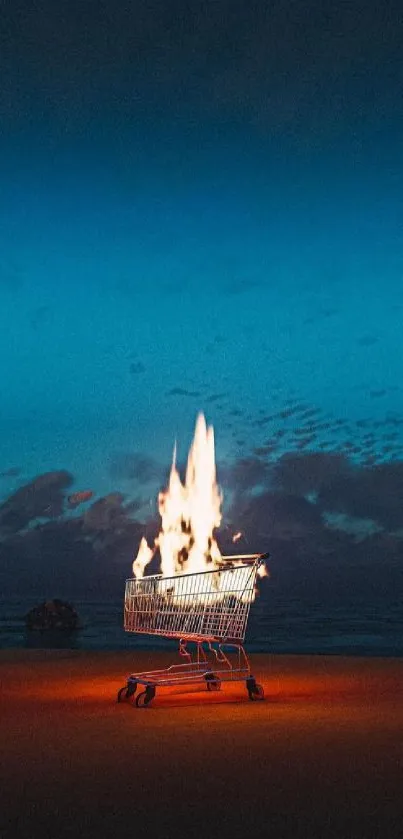 Surreal image of a burning shopping cart at night under a blue sky.