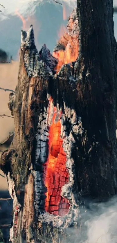 A burning tree trunk with visible flames and smoke rising.